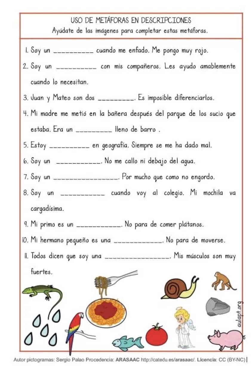 ficha de metáforas para descripciones